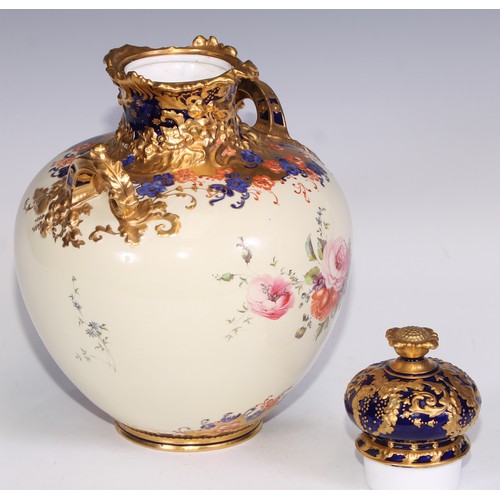 657 - A Royal Crown Derby two-handled ovoid vase and cover, printed in polychrome and gilt with flowers on... 