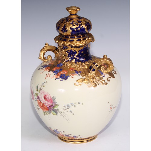 657 - A Royal Crown Derby two-handled ovoid vase and cover, printed in polychrome and gilt with flowers on... 