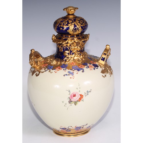 657 - A Royal Crown Derby two-handled ovoid vase and cover, printed in polychrome and gilt with flowers on... 