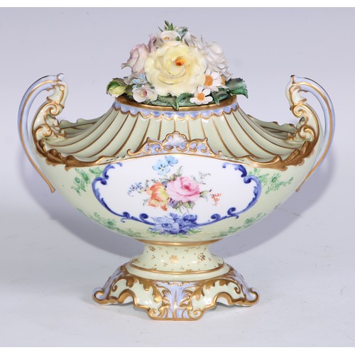 624 - A Royal Crown Derby boat shaped pedestal vase, decorated and encrusted with colourful summer flowers... 