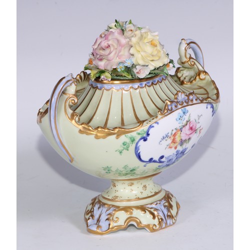 624 - A Royal Crown Derby boat shaped pedestal vase, decorated and encrusted with colourful summer flowers... 