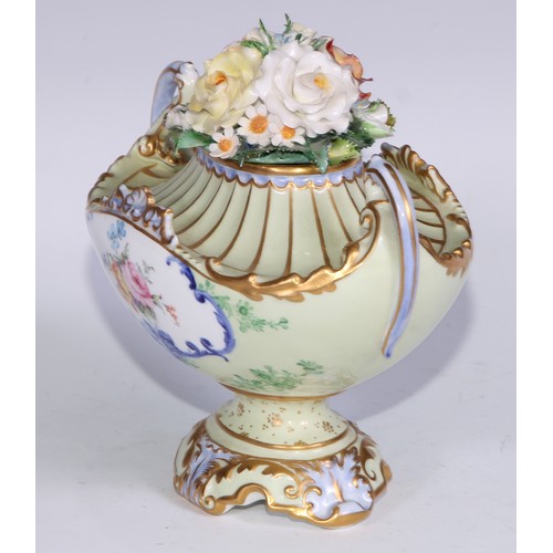 624 - A Royal Crown Derby boat shaped pedestal vase, decorated and encrusted with colourful summer flowers... 