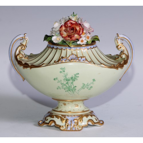 624 - A Royal Crown Derby boat shaped pedestal vase, decorated and encrusted with colourful summer flowers... 