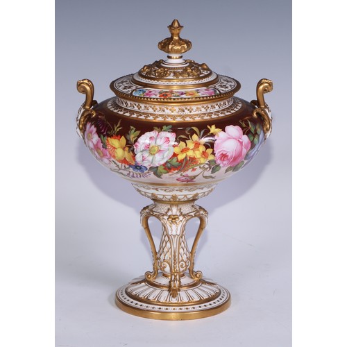 658 - A Royal Crown Derby two-handled pedestal vase and cover, painted by Albert Gregory, with roses, tuli... 