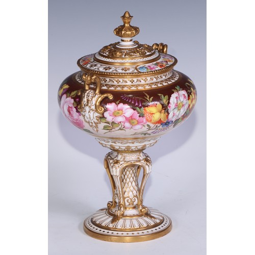 658 - A Royal Crown Derby two-handled pedestal vase and cover, painted by Albert Gregory, with roses, tuli... 