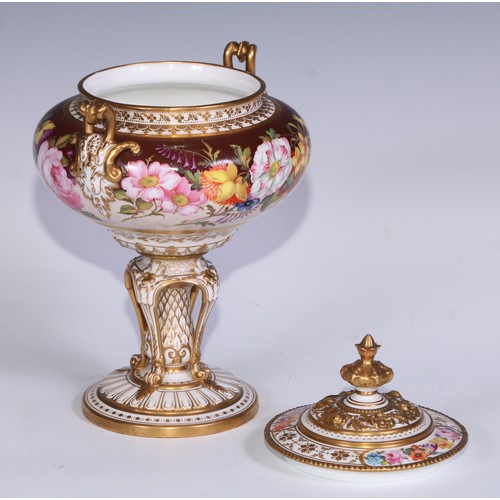 658 - A Royal Crown Derby two-handled pedestal vase and cover, painted by Albert Gregory, with roses, tuli... 