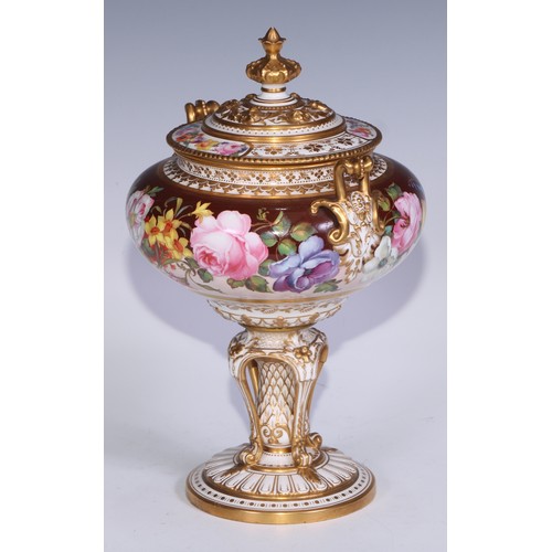 658 - A Royal Crown Derby two-handled pedestal vase and cover, painted by Albert Gregory, with roses, tuli... 