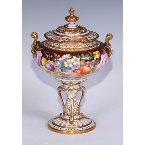 658 - A Royal Crown Derby two-handled pedestal vase and cover, painted by Albert Gregory, with roses, tuli... 