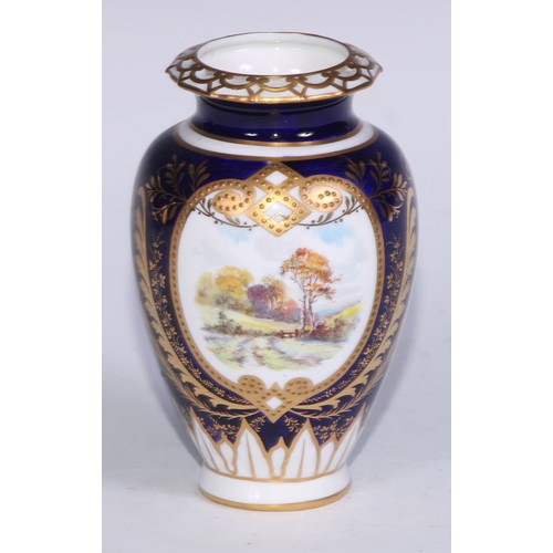 606 - A pair of Royal Crown Derby ovoid vases, painted by W E J Dean, signed, with extensive landscapes, i... 