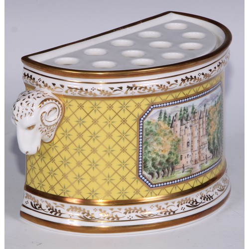 631 - A Royal Crown Derby demi-lune bough pot, decorated with a view of Glamis Castle, on a yellow ground,... 