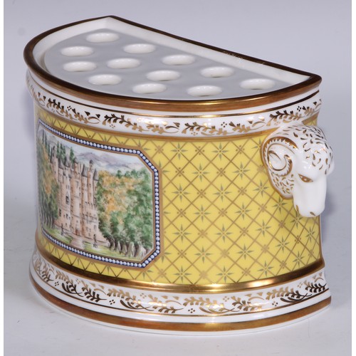 631 - A Royal Crown Derby demi-lune bough pot, decorated with a view of Glamis Castle, on a yellow ground,... 