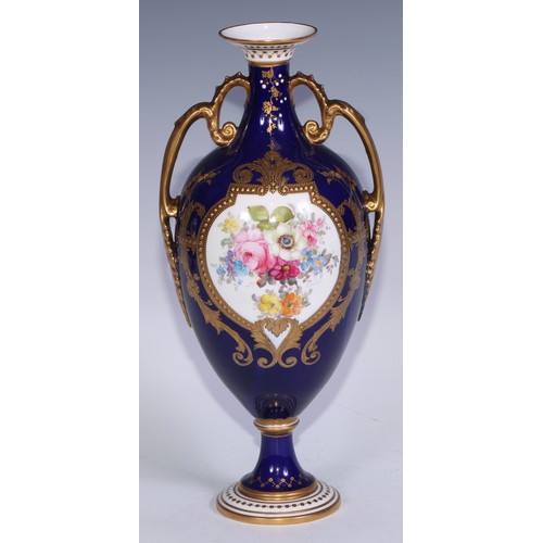 607 - ***LOT WITHDRAWN***A pair of Royal Crown Derby two handled pedestal vases, painted by Charles Harris... 