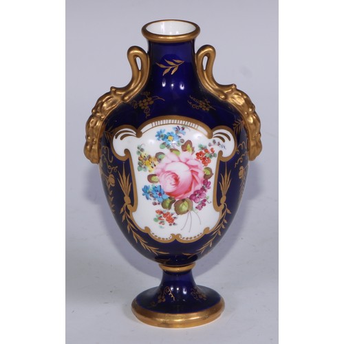 597 - A matched pair of Royal Crown Derby ovoid vases, of French form, painted with reserves of colourful ... 