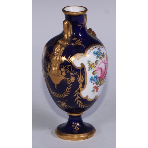 597 - A matched pair of Royal Crown Derby ovoid vases, of French form, painted with reserves of colourful ... 