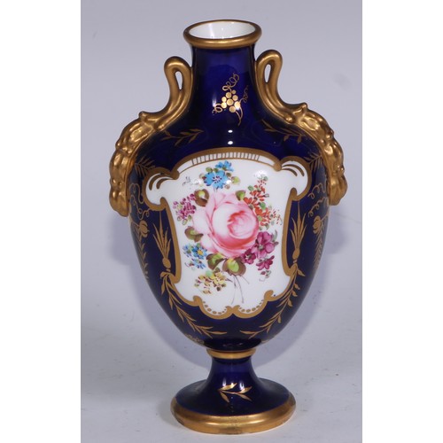 597 - A matched pair of Royal Crown Derby ovoid vases, of French form, painted with reserves of colourful ... 