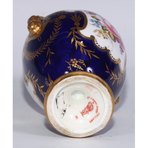 597 - A matched pair of Royal Crown Derby ovoid vases, of French form, painted with reserves of colourful ... 