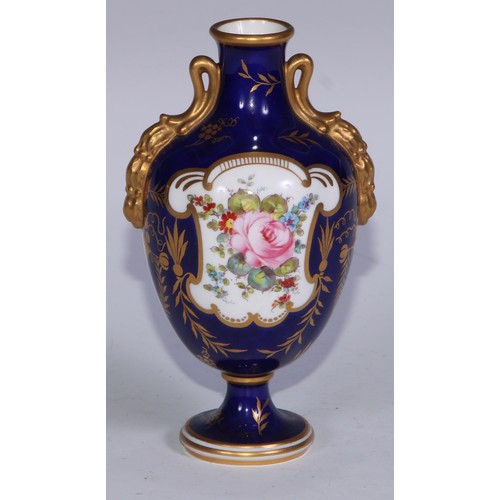 597 - A matched pair of Royal Crown Derby ovoid vases, of French form, painted with reserves of colourful ... 