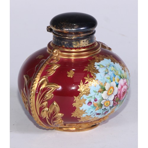 584 - A silver mounted Lynton Porcelain Company ovoid inkwell, painted by Stefan Nowacki, signed, with col... 