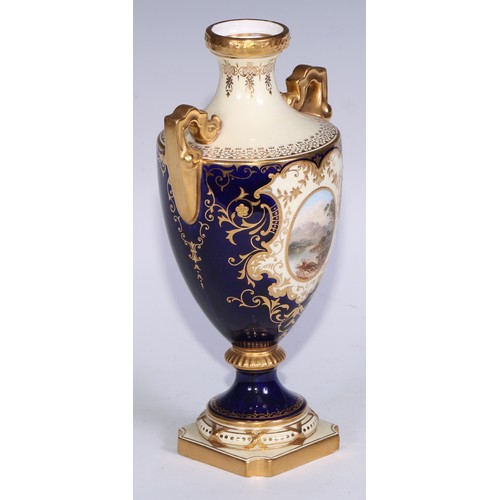 739 - ***LOT WITHDRAWN***A pair of Coalport ovoid pedestal vases, painted with landscapes within oval rese... 