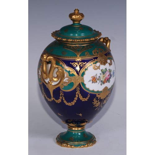 646 - A Royal Crown Derby ovoid pedestal vase, decorated with summer flowers and gilded on a green and cob... 