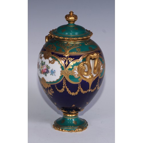 646 - A Royal Crown Derby ovoid pedestal vase, decorated with summer flowers and gilded on a green and cob... 