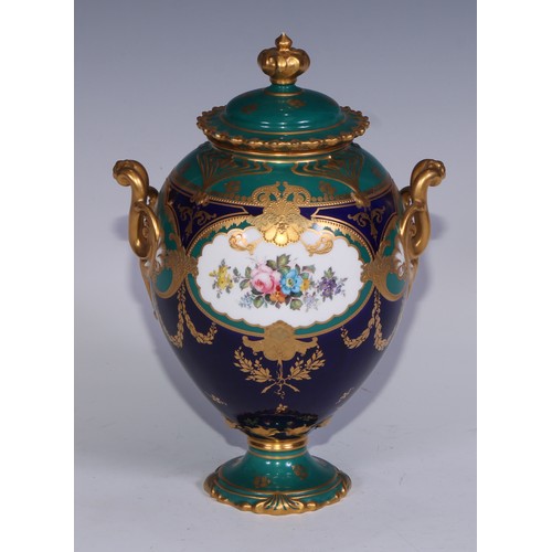 646 - A Royal Crown Derby ovoid pedestal vase, decorated with summer flowers and gilded on a green and cob... 