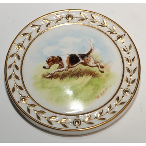 653 - A Royal Crown Derby roundel, decorated by M M Barlow, signed, with a fox hound, 8.5cm diam, printed ... 