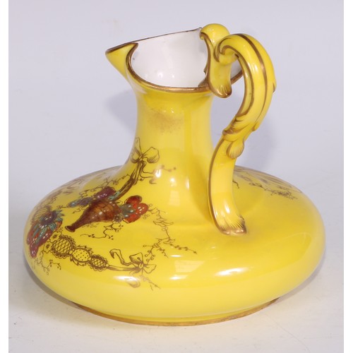 656 - A Royal Crown Derby two-handled boat shaped pedestal vase, moulded and decorated in gilt on a yellow... 