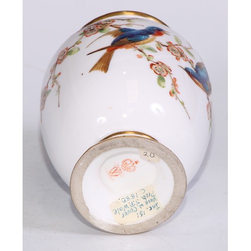 709 - A pair of Derby Crown Porcelain compressed ovoid vases, painted with sprays of summer flowers, loop ... 