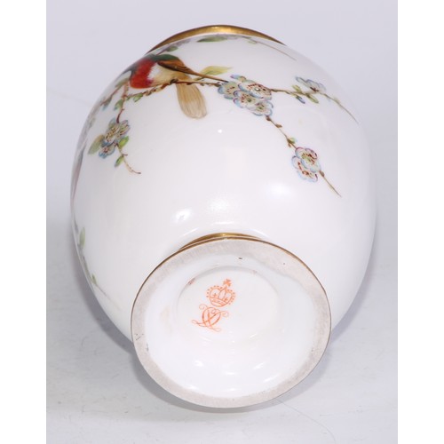 709 - A pair of Derby Crown Porcelain compressed ovoid vases, painted with sprays of summer flowers, loop ... 