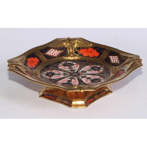 602 - A pair of Royal Crown Derby 1128 pattern shaped square pedestal comports, solid gold bands, 14cm wid... 