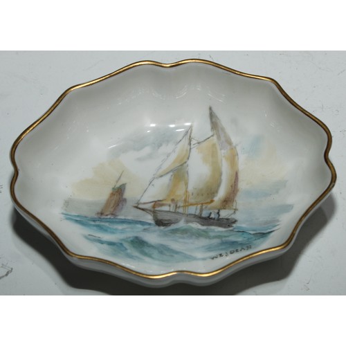 654 - A Royal Crown Derby shaped oval trinket dish, painted by W.E.J Dean, signed, with a yacht, Sally II,... 