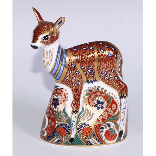 766 - A Royal Crown Derby Collectors Guild Exclusive paperweight, Deer, gold stopper; another similar, Faw... 