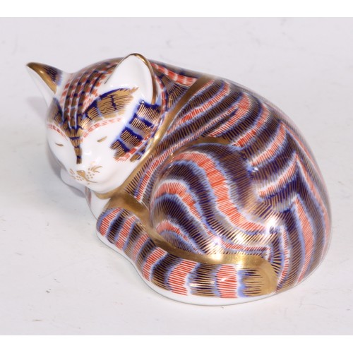 773 - Three Royal Crown Derby paperweights, Sitting Kitten, Kitten and Siamese Kitten, all with gold stopp... 