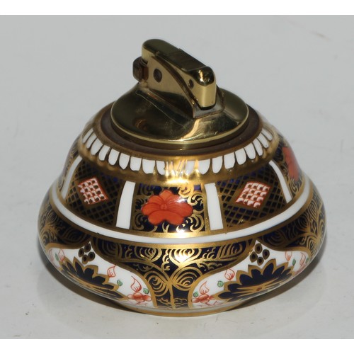 617 - A Royal Crown Derby 1128 pattern table cigarette lighter, 8.5cm diam, printed mark; another; a pair ... 