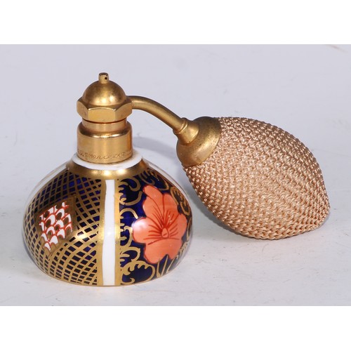 609 - A Royal Crown Derby 1128 Imari miniature ovoid vase, 8cm high, printed mark; an atomizer; etc. (5)