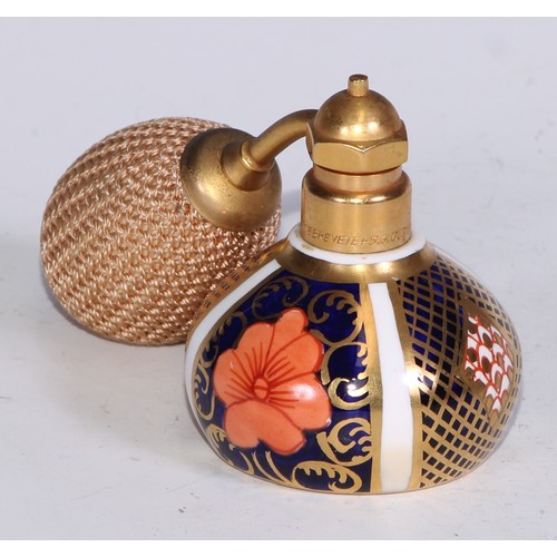 609 - A Royal Crown Derby 1128 Imari miniature ovoid vase, 8cm high, printed mark; an atomizer; etc. (5)