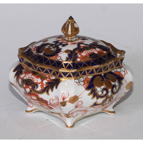 605 - A pair of Royal Crown Derby Imari square bombe shaped boxes and covers, 8cm wide, printed marks; ano... 