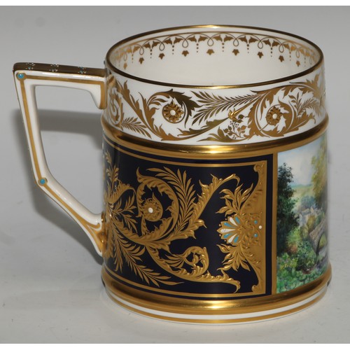 580 - A Lynton Porcelain Company porter mug, painted by Stefan Nowacki, signed, with a stone bridge in a l... 