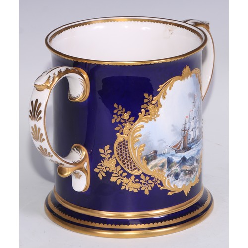 570 - A large Lynton Porcelain Company loving cup, painted by Stefan Nowacki, signed, with a maritime scen... 