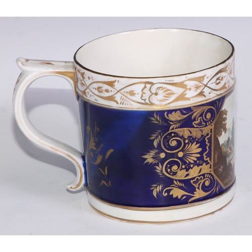 684 - A Derby named view porter mug, View on the River Dove, in gilt on a cobalt blue ground, 11.5cm high,... 