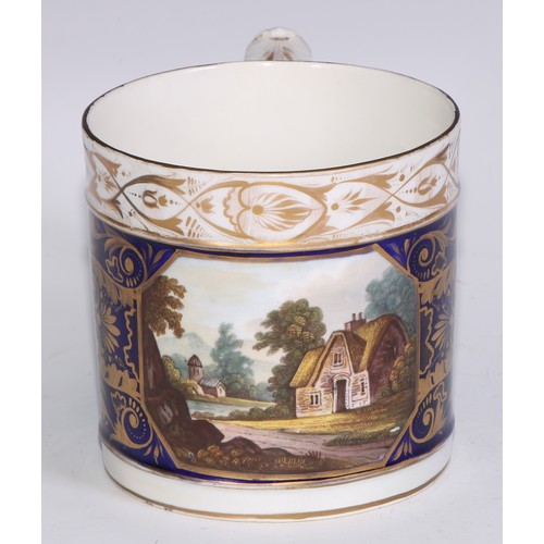 684 - A Derby named view porter mug, View on the River Dove, in gilt on a cobalt blue ground, 11.5cm high,... 