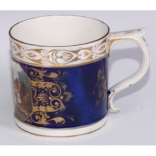 684 - A Derby named view porter mug, View on the River Dove, in gilt on a cobalt blue ground, 11.5cm high,... 