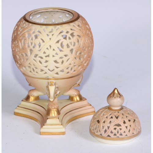 806 - A Grainger & Co Worcester blush ivory ovoid reticulated pot pourri, outlined in gilt, incurved trifo... 