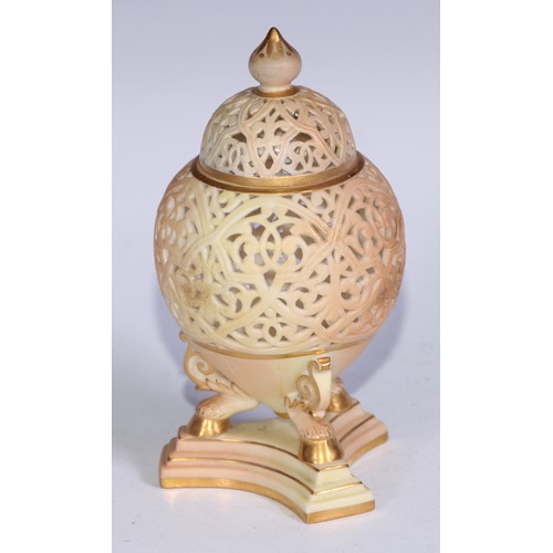 806 - A Grainger & Co Worcester blush ivory ovoid reticulated pot pourri, outlined in gilt, incurved trifo... 