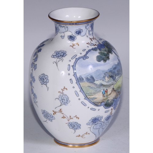 648 - A Royal Crown Derby ovoid vase, painted figures on a country path, 15.5cm high, printed mark