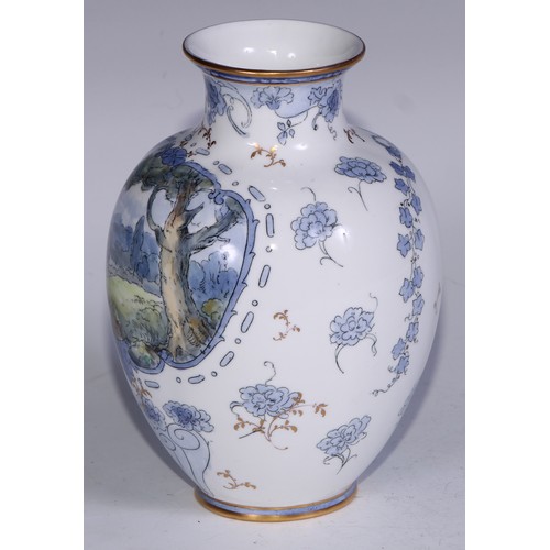 648 - A Royal Crown Derby ovoid vase, painted figures on a country path, 15.5cm high, printed mark