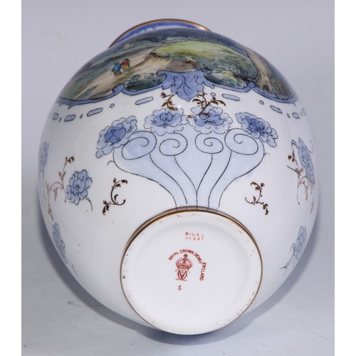 648 - A Royal Crown Derby ovoid vase, painted figures on a country path, 15.5cm high, printed mark