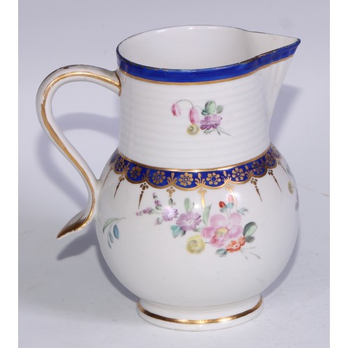 688 - A Derby ovoid jug, painted with colourful summer flowers, ribbed band above blue and gilt borders, 1... 