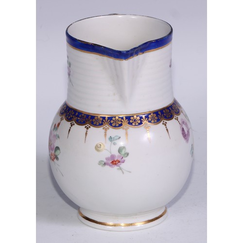 688 - A Derby ovoid jug, painted with colourful summer flowers, ribbed band above blue and gilt borders, 1... 